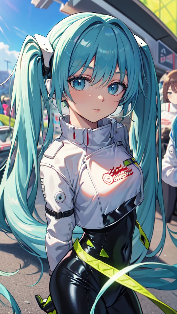 1girl, complex design, modelo 3D, miku racing, coches de carrera, alta resolucion, obra maestra, trajes de piloto, sonrie, carrera, Detailed design, hatsune miku,
