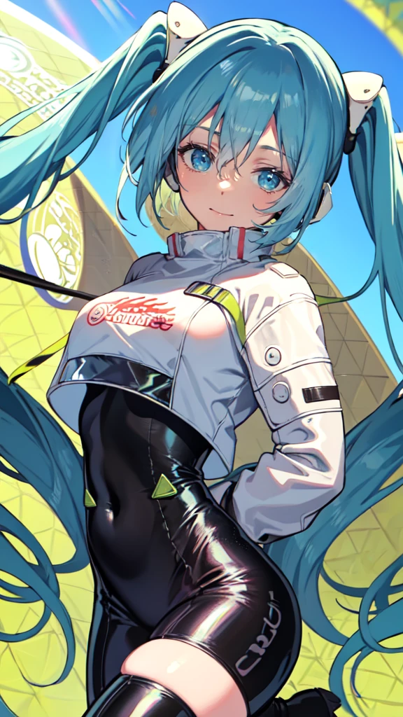 (masterpiece, Highest quality), Backlight, Lens flare, Wide Shot, Fisheye Lens , (Face Focus, Written boundary depth, close: 1.5), Super Detail, shape, colorful, (Fault Color: 1.3), (Immidshot: 1.3), video, Wide-angle, Upper Body, miku hatsune, Big Breasts, Spotless, Dark green hair, Twin tails, Very long hair, Place your arms behind your back, blue eyes, Glowing Eyes, Relaxed face, Eyebrow, Shiny Hair, Glowing Skin, A light smile, racing Miku, Black bodysuit, Cropped jacket, White jacket, Long sleeve, Two-tone gloves, Thigh-high boots, bright, Beautifully detailed skies, city, street,