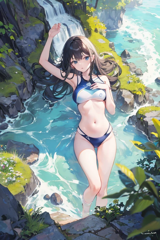 (masterpiece, Best Quality, High resolution), 1 girl, swimsuit, in the stomach, lying, looking at the viewer, landscape trees , waterfall and mountain stones,((view from above))