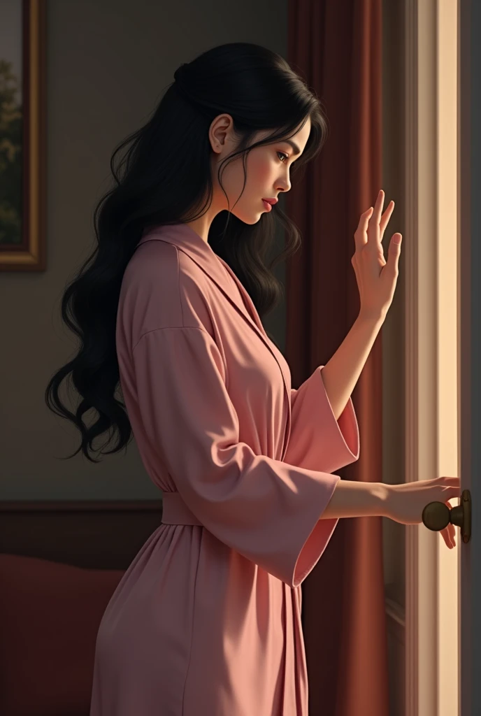 Make a mother with hair rolls and a pink robe, She just heard a noise outside her room