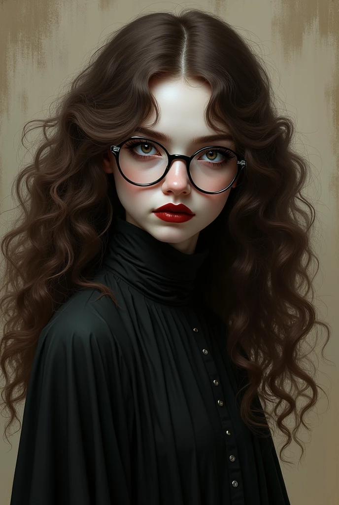 Woman with long brown curly hair, curly bangs, don&#39;t forget the round glasses. pale white, has small, slanted eyes with very striking eyeliner and a wine-red mouth. she wears gothic clothes, long robe, high-heels. ancient art. She has a sad expression. Big and powerful face. Curlier and more voluminous hair. fully body. In black and white 