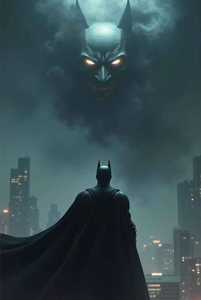 Batman watching in the sky between smoke the face of the batman who laughs