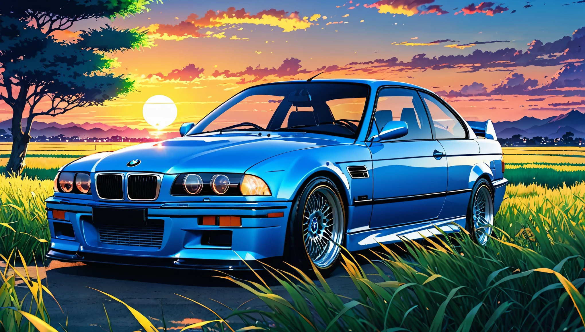 A classic BMW M3 E36 sports car in ABS blue、Anime scenery of a girl sitting in tall grass with a sunset in the background.Beautiful anime scene, Beautiful anime peace scenes, Makoto Shinkai Cyril Rolland, Beautiful anime scene, Awesome Wallpapers, Anime Art Wallpapers 8K, Anime Background, artistic Anime Background, anime wallpaper 4k, Anime Art 4K Wallpaper, Anime Wallpaper Art 4k,