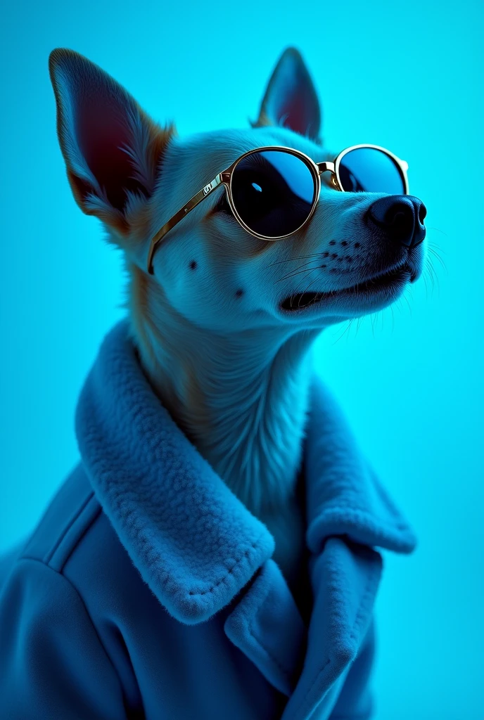 The best cell phone wallpaper, Award-Winning Wallpaper, portrait photography, In the front view is a portrait of a cute dog wearing mid-1960s space age fashion, Side view photo, Shot with Canon EOS R5, Set a strong contrast that accentuates the subject, Fluorescent blue tone, Wearing a very modern coat and sunglasses is a modern 1960s style, Clothes all in one color, beautiful background