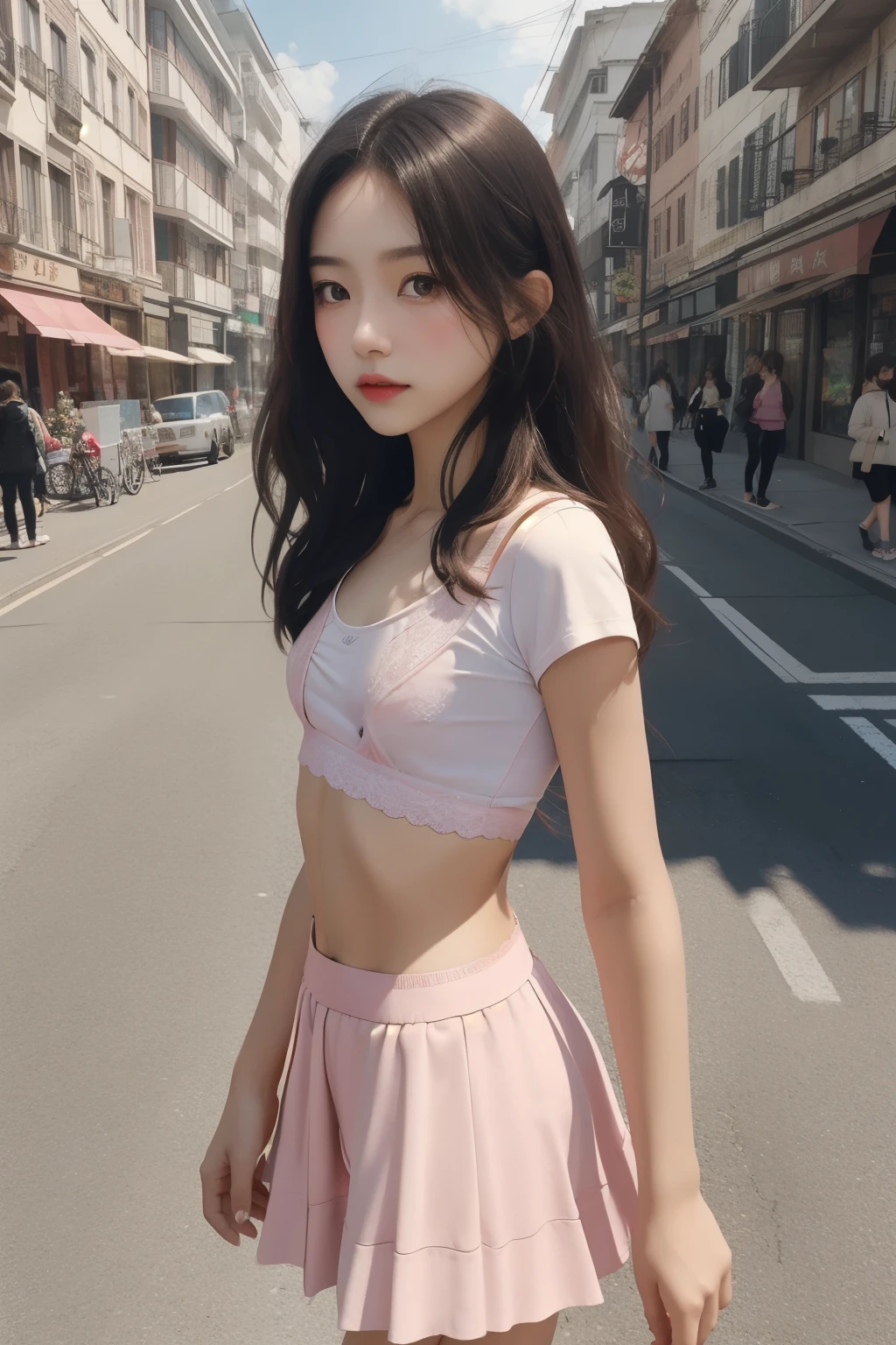 gal girl,single,the best quality,upper body,beatiful,pretty,radiantly,semi long hair,tight skirt,Flat Chest,Small waist,Are thin,Small Ass,Thin thighs and legs,Cuteness at its best,A beautiful girl,Prostitute,Waiting for customers on a street corner, vivid colors,Real-life image quality,High pixel,Real person facial expression,Pale pink underwear,Thin string-shaped underwear,Thin cotton underwear,Beautiful nipples,Very small ,Realistic facial expressions,Strong-willed eyes,