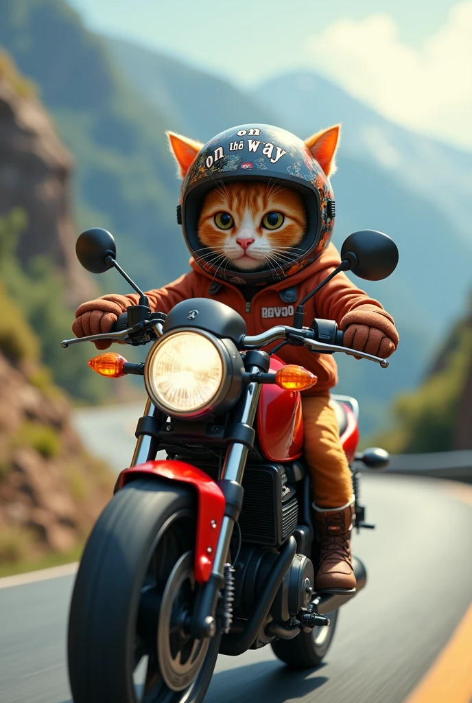 Kucing oren kecil menaiki motor honda revo melaju di tikungan menggunakan hodie dan helm keren ada tulisan on the way