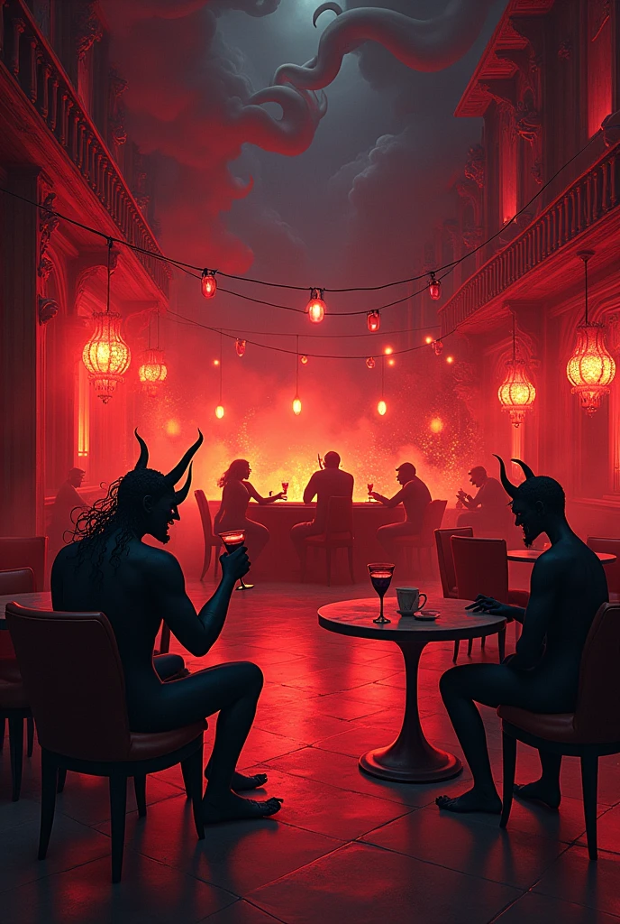 Infernal café interior, with chairs, tables and a bar coctel bar, animated 2D in hell