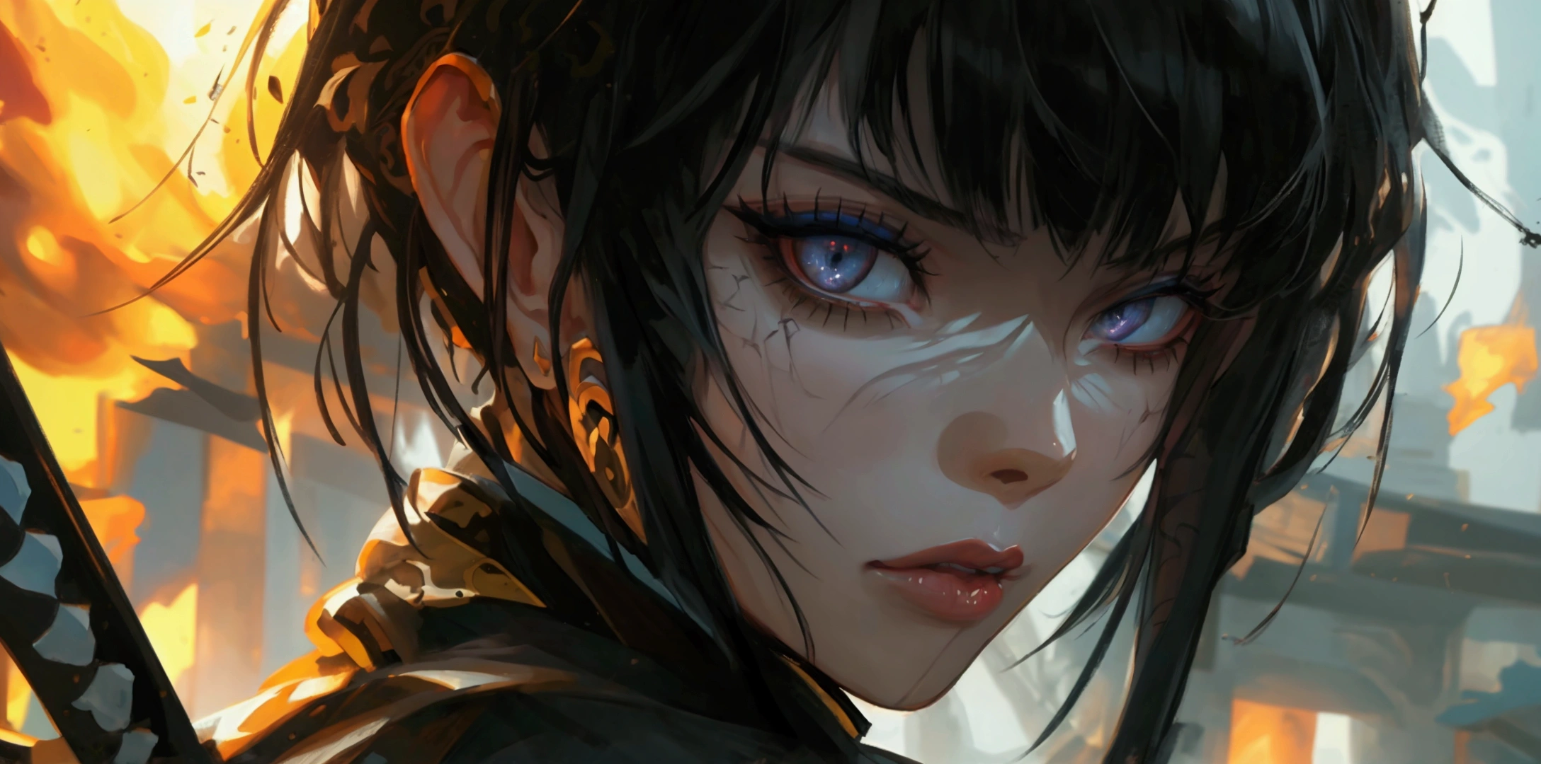 a ninja girl in demon slayer outfit, detailed black cape, heavy detailed clothes, close up, detailed demon slayer background, dark fantasy, (best quality,4k,8k,highres,masterpiece:1.2),ultra-detailed,1girl,beautiful detailed eyes,beautiful detailed lips,extremely detailed eyes and face,longeyelashes,digital painting,oil painting,cinematic lighting,dramatic lighting,moody lighting,dark mood,dramatic contrast,dark fantasy art,highly detailed,hyper realistic,intricate details,gothic,dark colors,muted colors