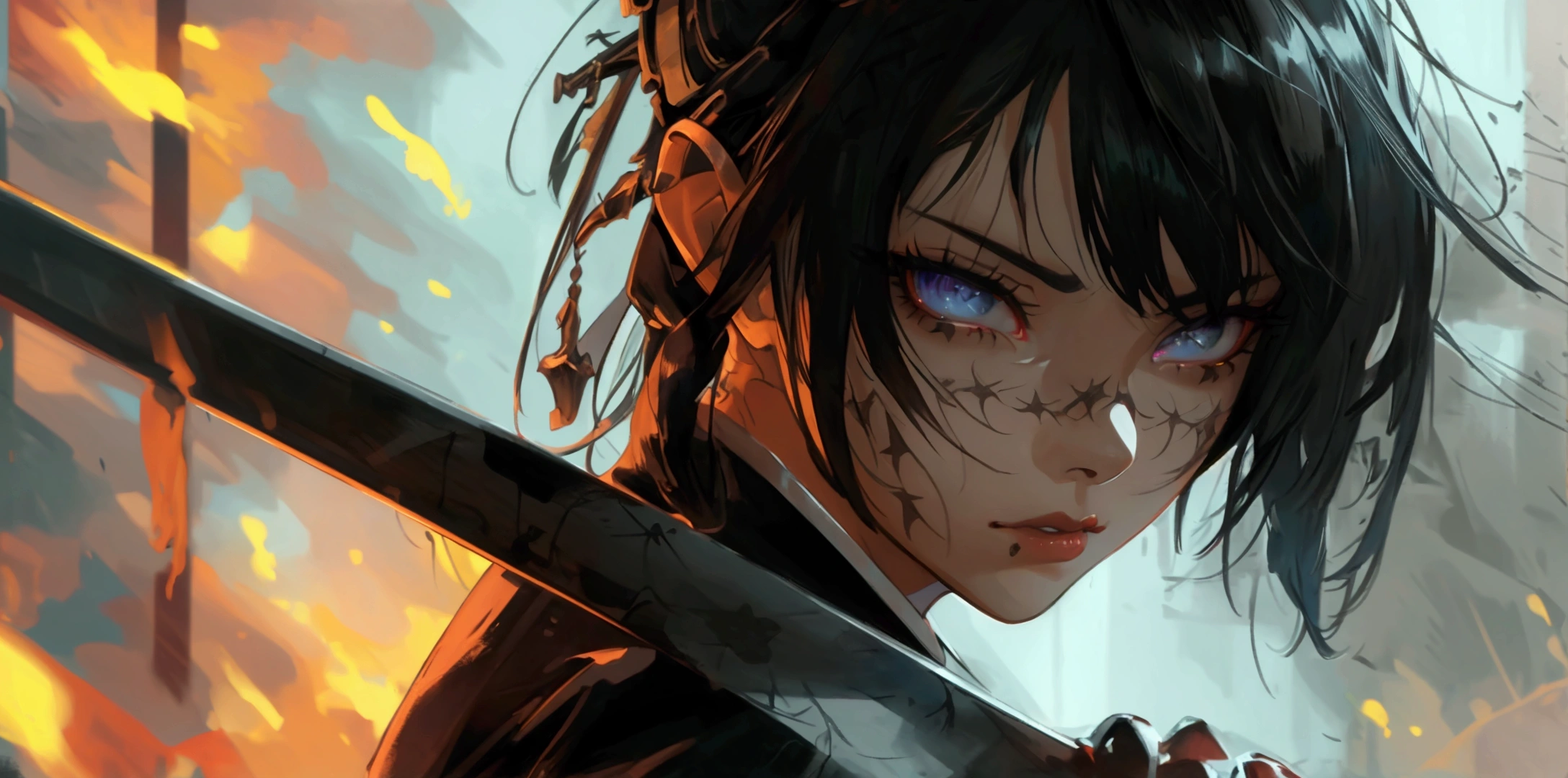 a ninja girl in demon slayer outfit, detailed black cape, heavy detailed clothes, close up, detailed demon slayer background, dark fantasy, (best quality,4k,8k,highres,masterpiece:1.2),ultra-detailed,1girl,beautiful detailed eyes,beautiful detailed lips,extremely detailed eyes and face,longeyelashes,digital painting,oil painting,cinematic lighting,dramatic lighting,moody lighting,dark mood,dramatic contrast,dark fantasy art,highly detailed,hyper realistic,intricate details,gothic,dark colors,muted colors