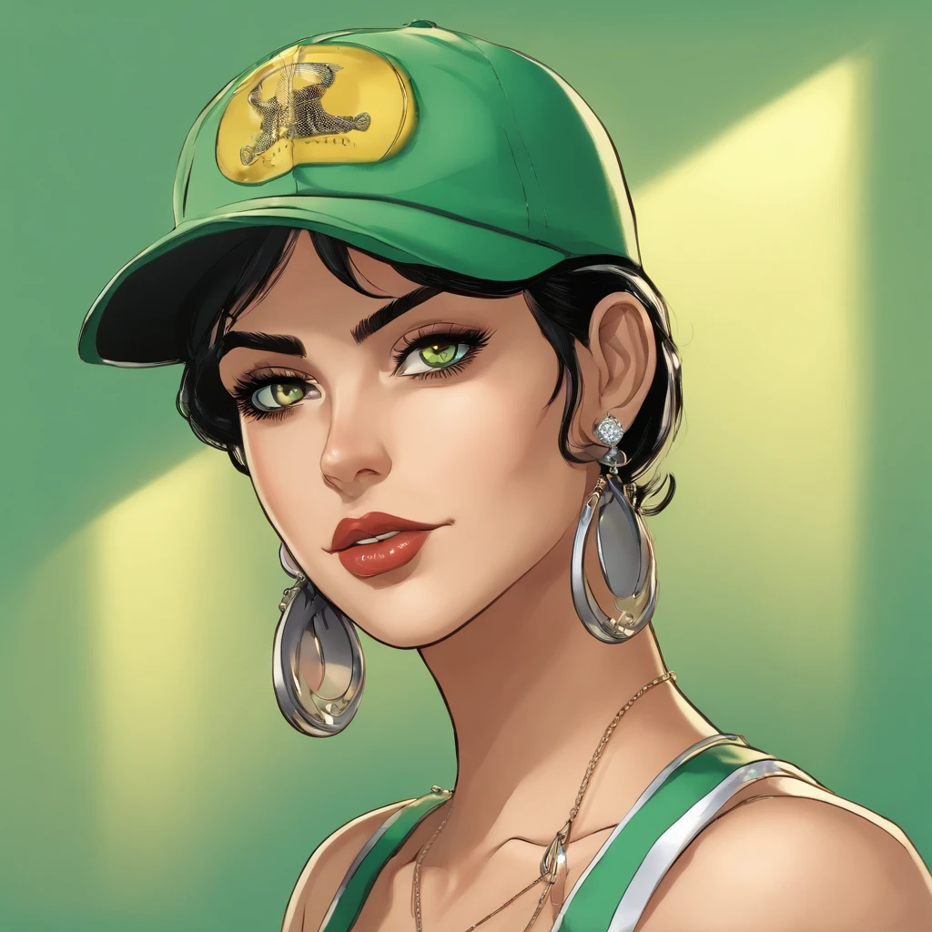 Nico Robin, masterpiece, Best Quality, 1 girl, aquamarine eyes, baseball cap, by rubio, Closed mouth, earrings, green background, has, hoop earrings, jewelry, looking at the viewer, shirt, short hair, simple background, Alone, Upper part of the body, yellow shirt