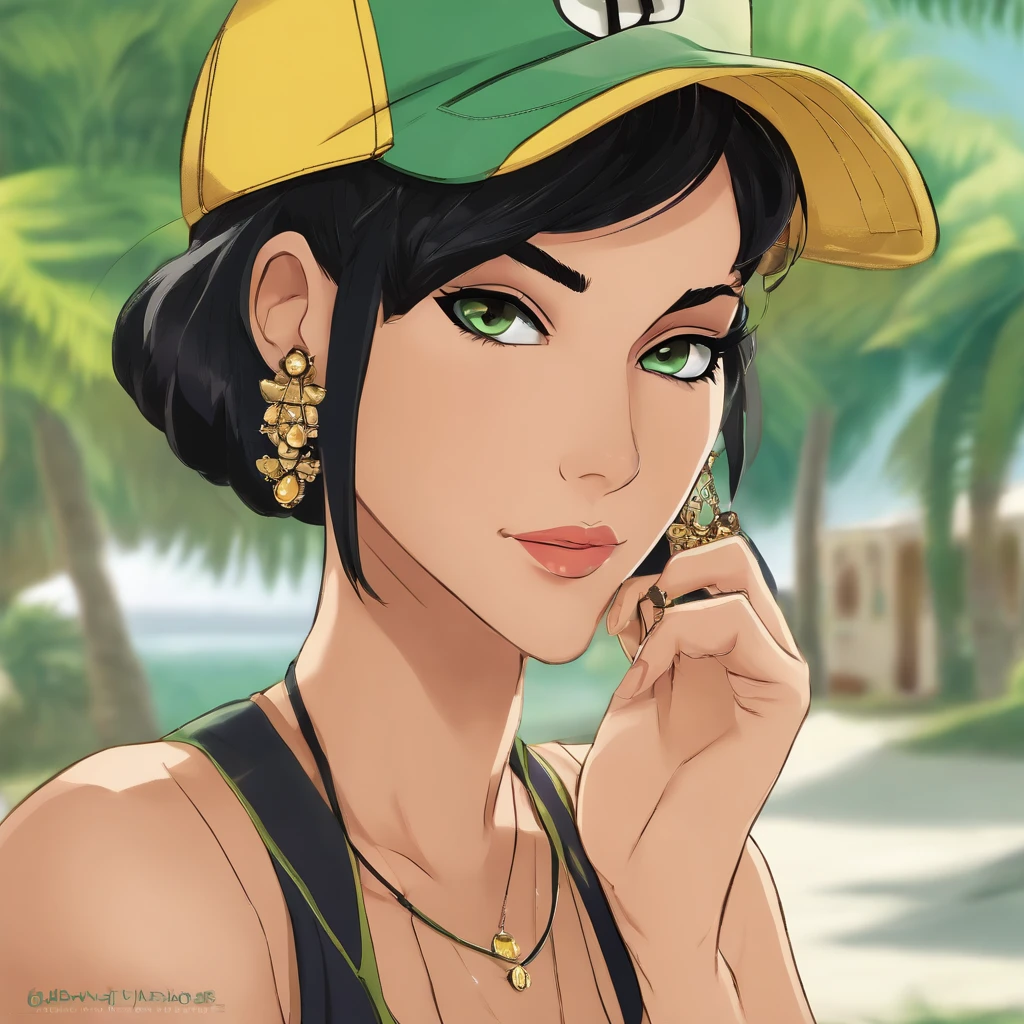 Nico Robin, masterpiece, Best Quality, 1 girl, aquamarine eyes, baseball cap, by rubio, Closed mouth, earrings, green background, has, hoop earrings, jewelry, looking at the viewer, shirt, short hair, simple background, Alone, Upper part of the body, yellow shirt