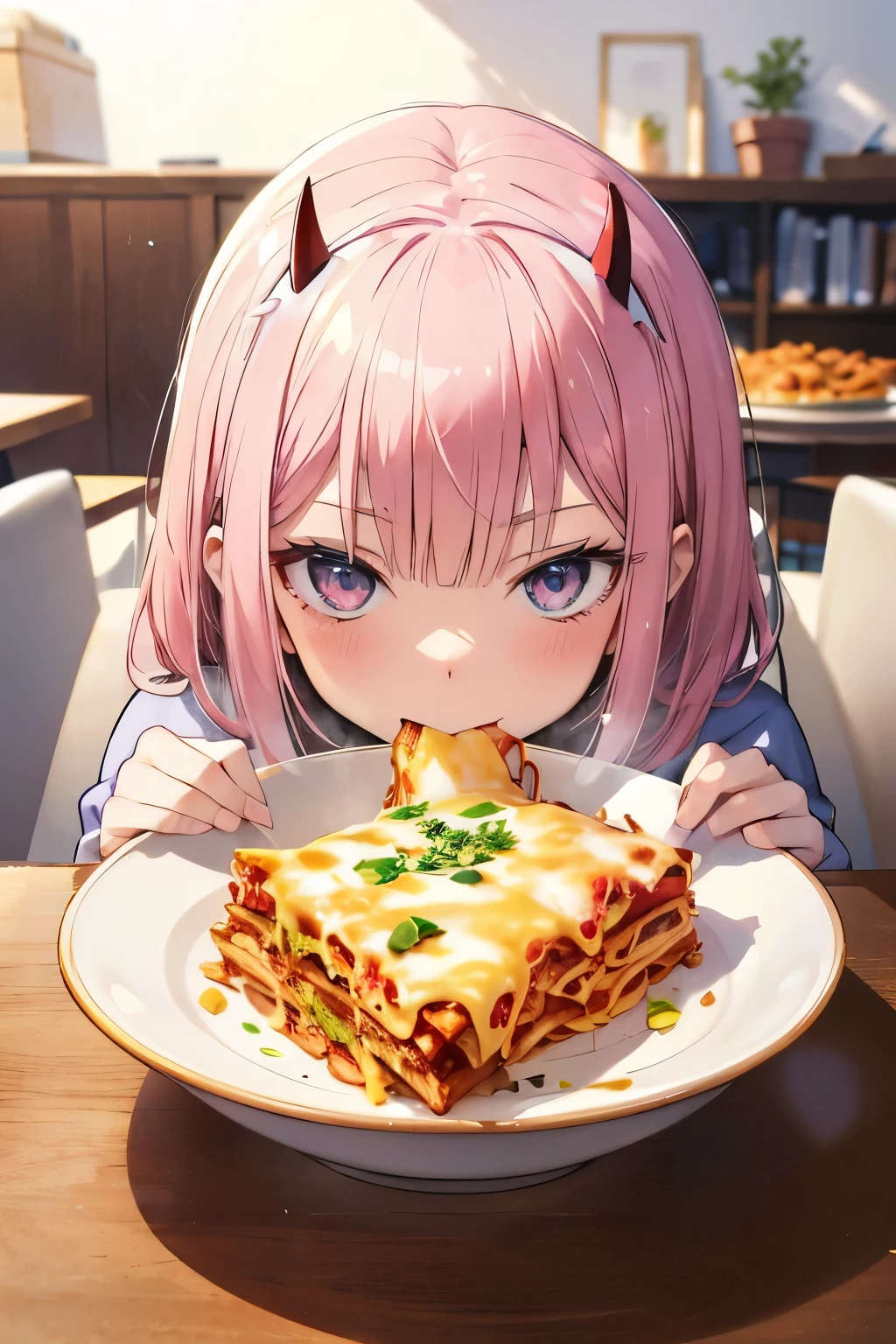 Using the same image, fix the bow in the hair by adding the horns of the character zero two