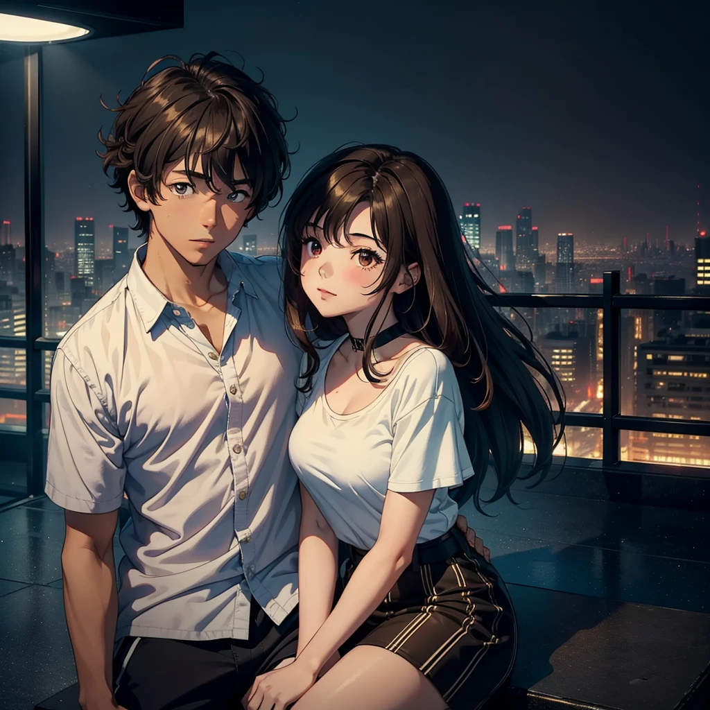 (Masterpiece), High Quality, (a boy and a girl boyfriends:1.5), Young Lovers, 3D Animated Anime Type Manga, Light Brown Curly Hair Girl from Brazilian Generation with Slightly Pulled Eye, Brown-Skinned Boy with Annulled Light Black Hair and Brown Eyes, (Good Quality), (They Were Hanging Out Together and Having Fun), (She Lives on Top of Him, Giving Affection), (They Are Showing Their Love to Each Other), Cinematic Lighting, Physically-Based Rendering, Detailed Background with Tokyo Cityscape, (High Resolution), (Both Characters Well-Defined and Expressive),