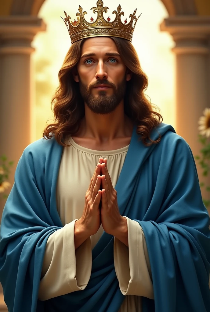 Perfect hand 5 finger, Portrait of a handsome Jesus Christ wearing blue clothes with crown of king in the heaven, Jesus Christ, real blue eyes, sunny day, intricate details.real Jesus Christ, straight head face, Straight body.Prayer Jesus Christ, perfect full body, perfect hands finger,Prayer Jesus Christ, praying Jesus Christ backgrounds natural photographic