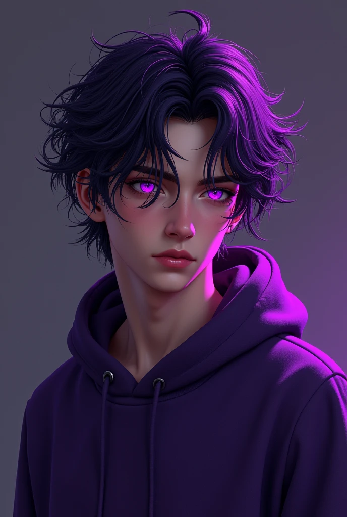 Young rocker man with dark purple hair leaning to the right, purple eyes and wearing a dark purple sweatshirt