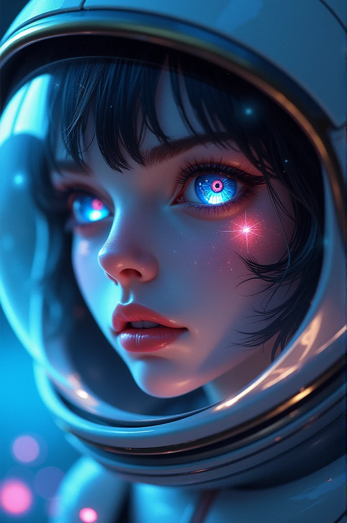 (Heterochromia xanthochromia and blue eyes:1.2) (Space Helmet:1.0) (Colored stars in the eyes:1.0) (A radiant glow:1.1) (thick lips:0.9)