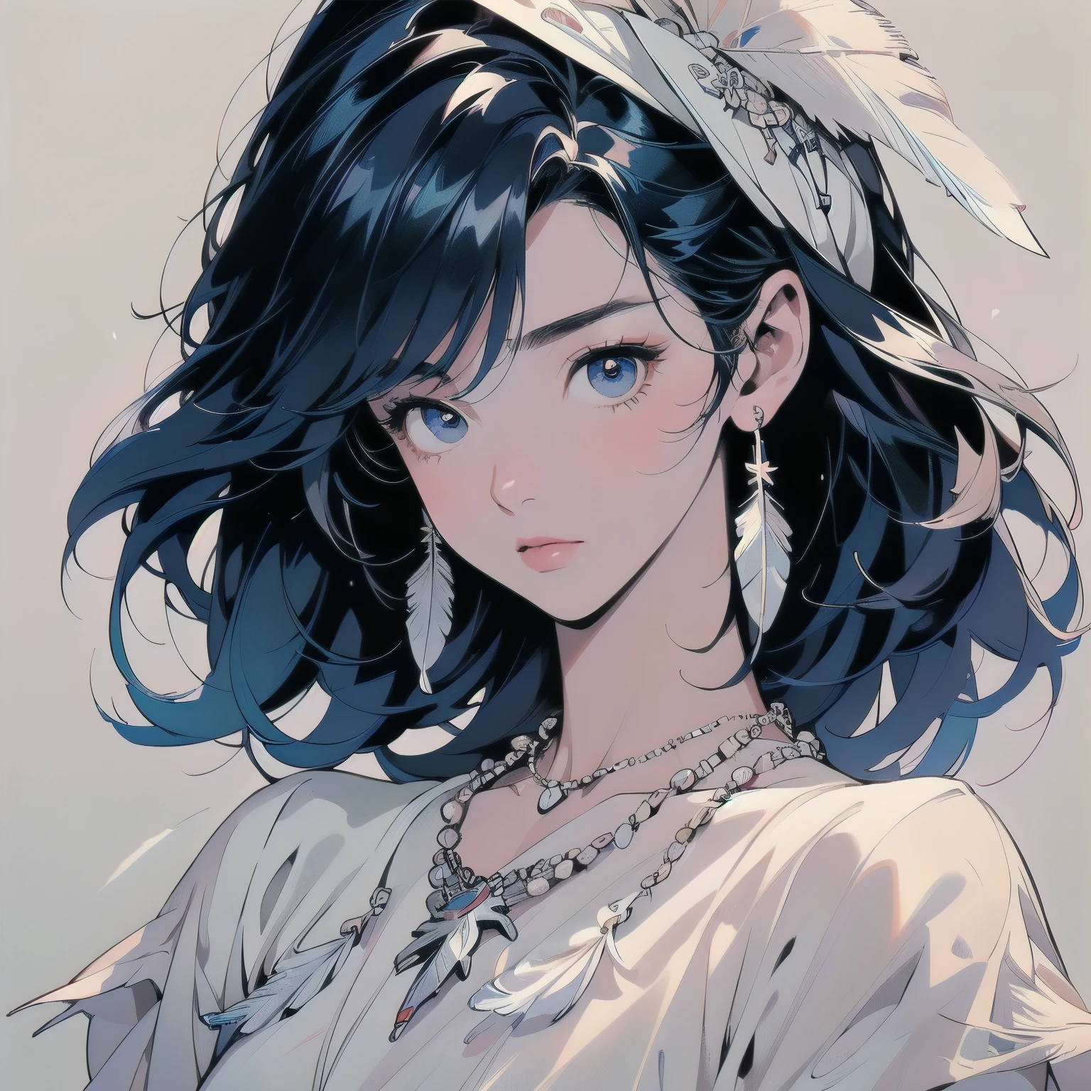 trigun、Persona、Beautiful woman、Movie Posters、Upper Body、Model Pose、mysterious、Small breasts、Black Hair、Short sleeve、(((mix color hair))),Lots of flowers、Angel、(((Wear a white cloth on your head)))、ultra detailed hair, Gradient eyes, アニメ, (((Necklace with feather motif)))