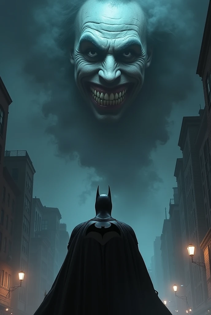 Batman watching in the sky between smoke the face of the batman who laughs bizarrely