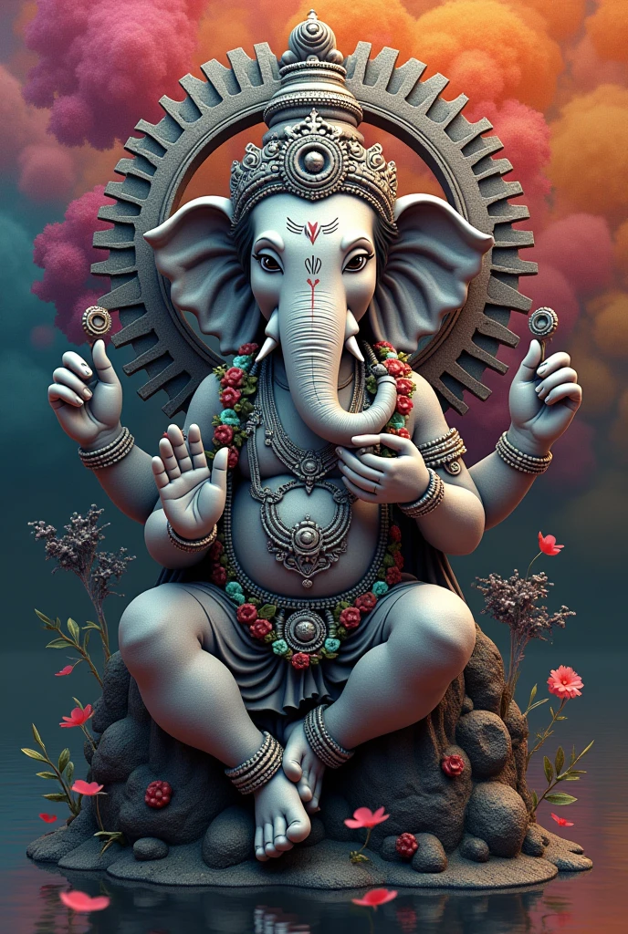Ganesh, romance, colorful, illustration, realistic, made all with grey colored gears inspired by ancient history.