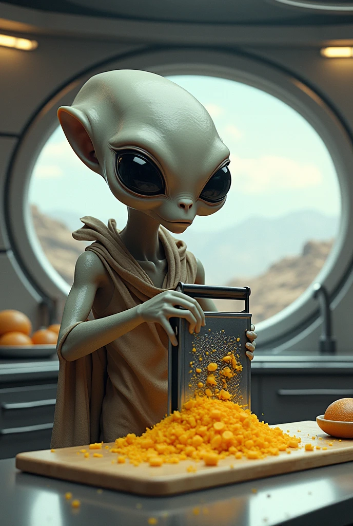 Alien grating cheese while watching the anime Naruto Shippuden on TV