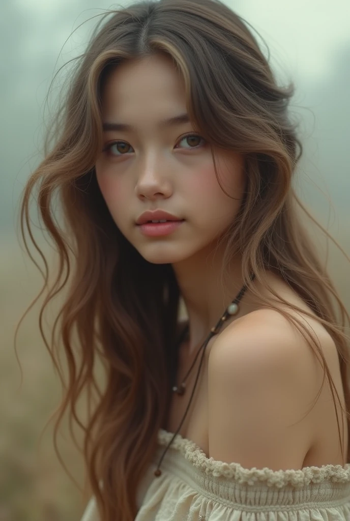 Beautiful girl with wavy long hair, bohemian neked