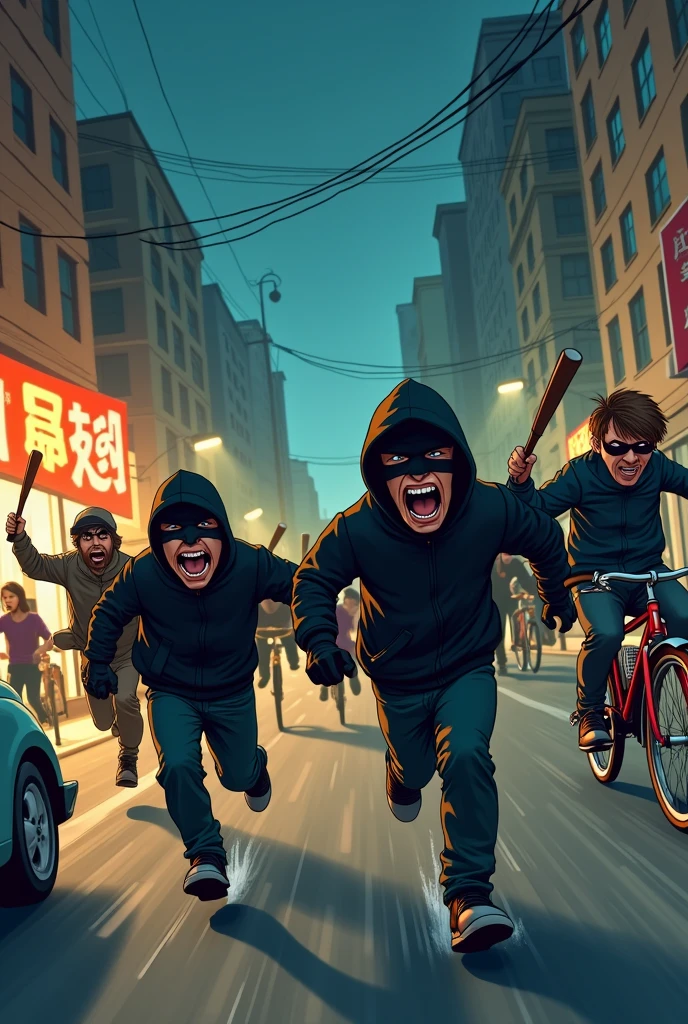 The robbers in robber dress running and panicking to left and Normal city people chasing them with bike,cars with big bat sticks to beat them up at mid night . funny catoonish