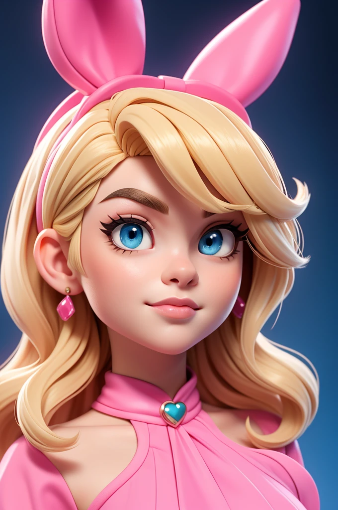 Sabrina Carpenter blonde hair, pink fushia bunny outfit, blue eyes