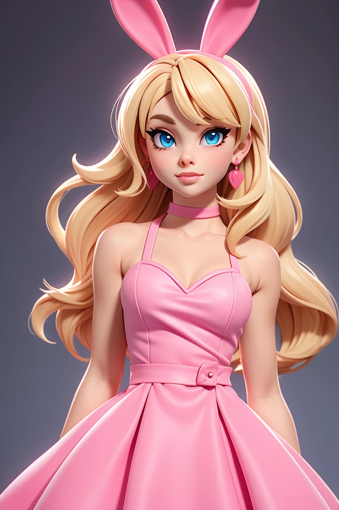 Sabrina Carpenter blonde hair, pink fushia bunny outfit, blue eyes
