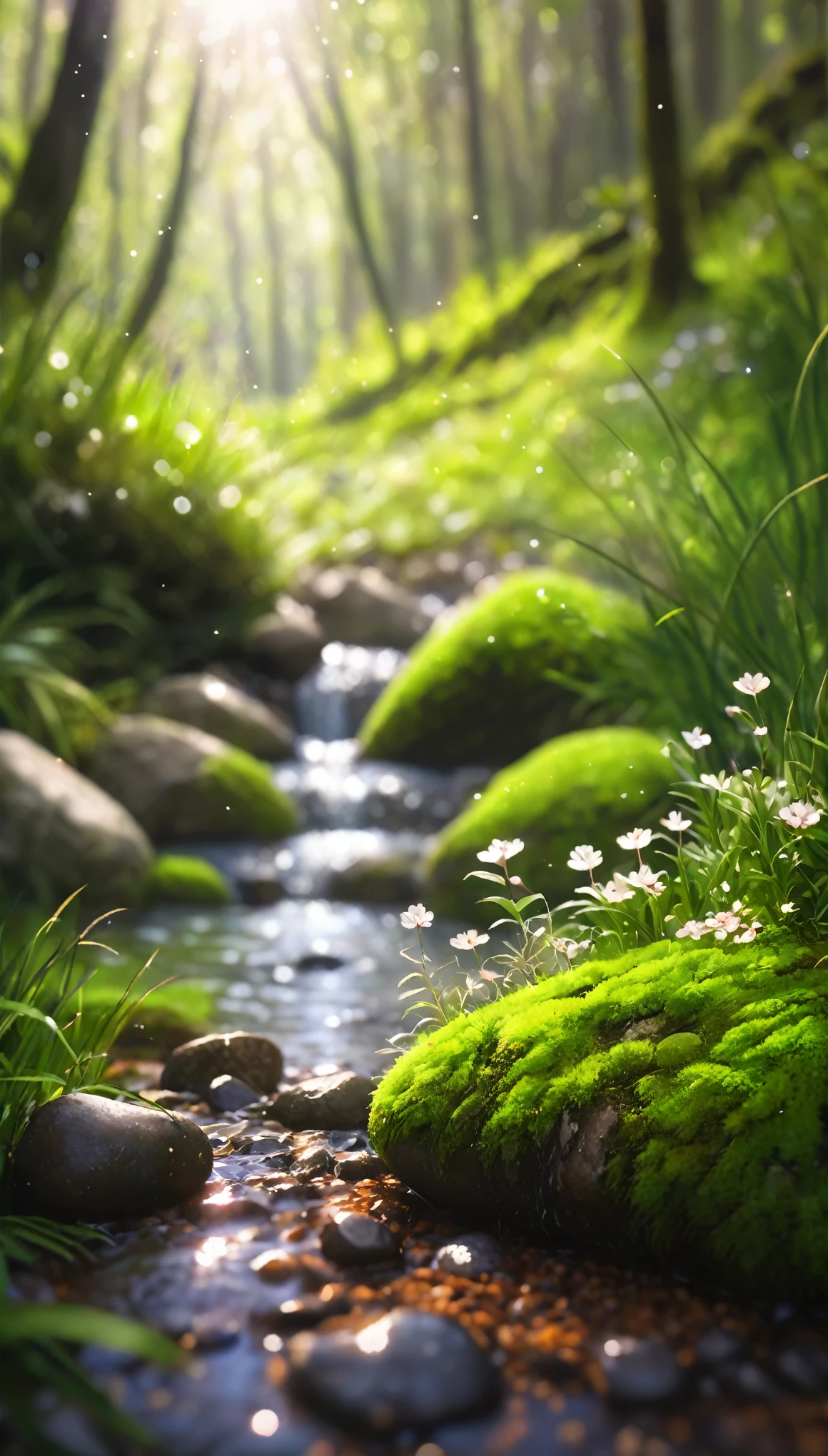 Creek,Water Flow,Stone,green jungle,HD,Realistic style,close up,Low Angle of View,light dots,moss,Small Flower,Grass,The Stone in the lower center of the picture,natural scenery,Vibrant colors,Large aperture,Close-up shot,Blurred Background/Bokeh,lens flare