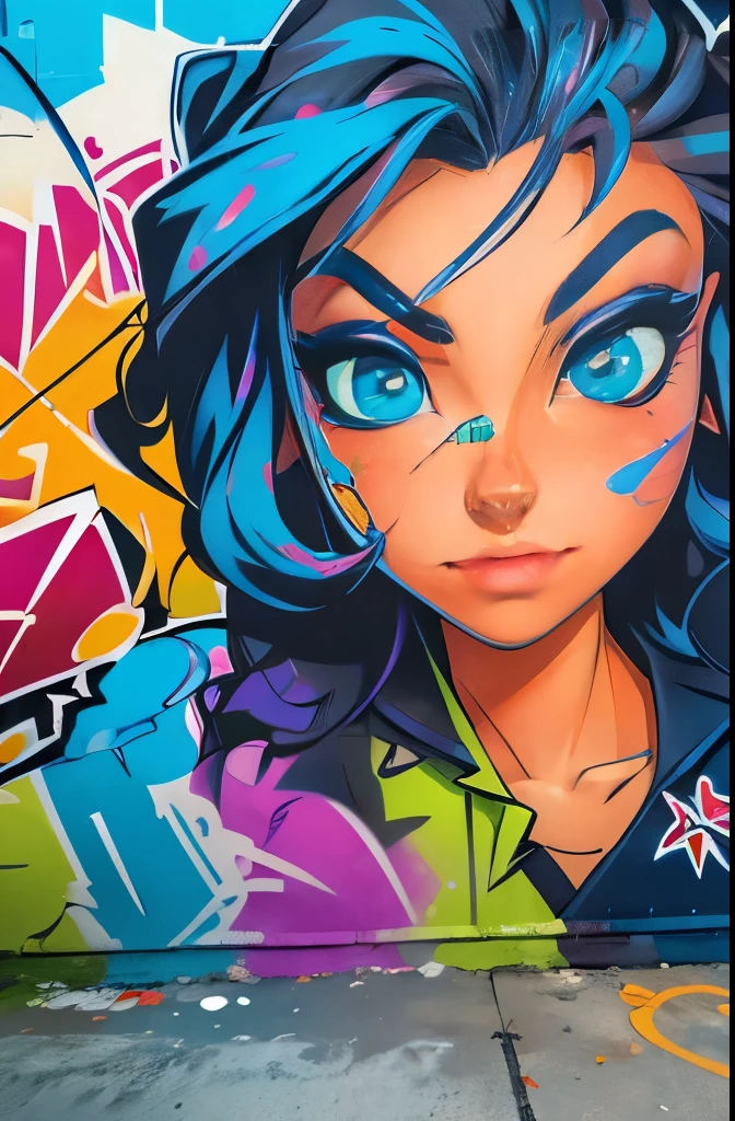 (best quality), masterpiece, extremely detailed CG uniform 8K illustration, high color, extremely high color saturation, all colors deepened, paint, graffiti art, center composition, extremely detailed light and shadow, graffiti wall, wall painted bright, 1 girl graffiti 1 girl looking at the wall, extremely detailed face and eyes, medium length hair, sportswear, colored clouds