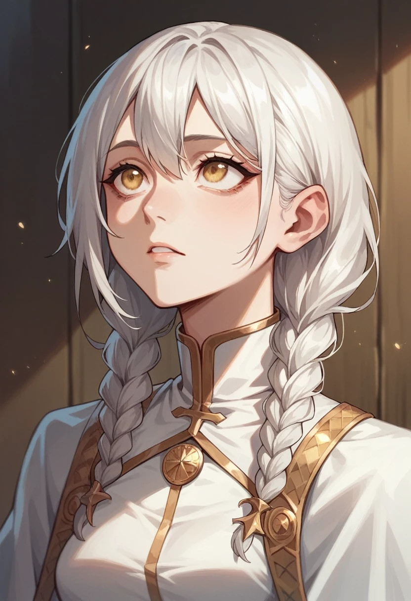 best quality, masterpiece,white hair, gold eyes,white clothes, looking up, upper body,hair strand,Fair skin,side braids