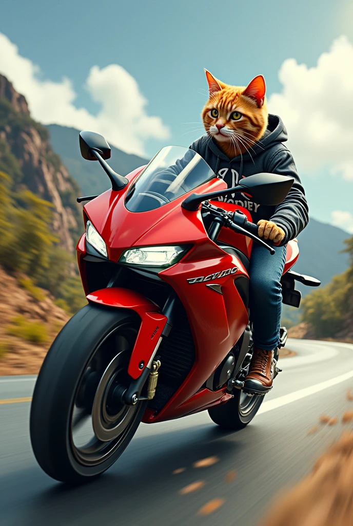 Orange cat riding a Honda Revo motorbike speeding around a corner wearing a cool hoodie and helmet , add text on the way
