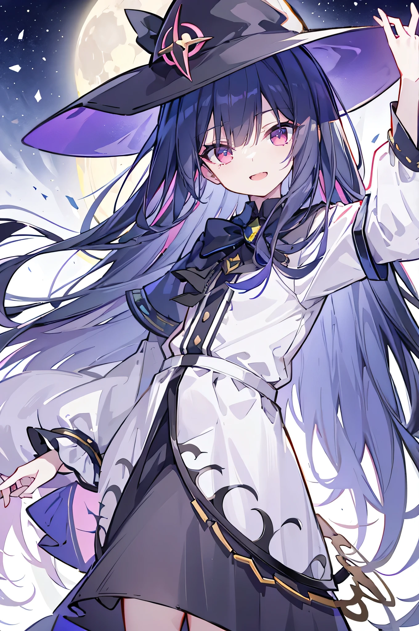 oung Girls,Humanity,A magician always smiles,big witch hat,cute,dark blue long hair,The eyes are dull,The bangs are heavy,Thin eyebrows,fantasy,intake,Double teeth,Star Theme,Constellation pattern,Solid color clothetal decoration,cloak,A bit of a dark atmosphere,A little crazy smile,When the big moon shines outside at night,blood,Hair black star embellishment,Short tie,No nails,High waist skirt,Bell sleeves,Long-sleeved shirt,Black tie,low risk,gentlemen。Mist、Yellow and white effect,Shocking pink as an accent color