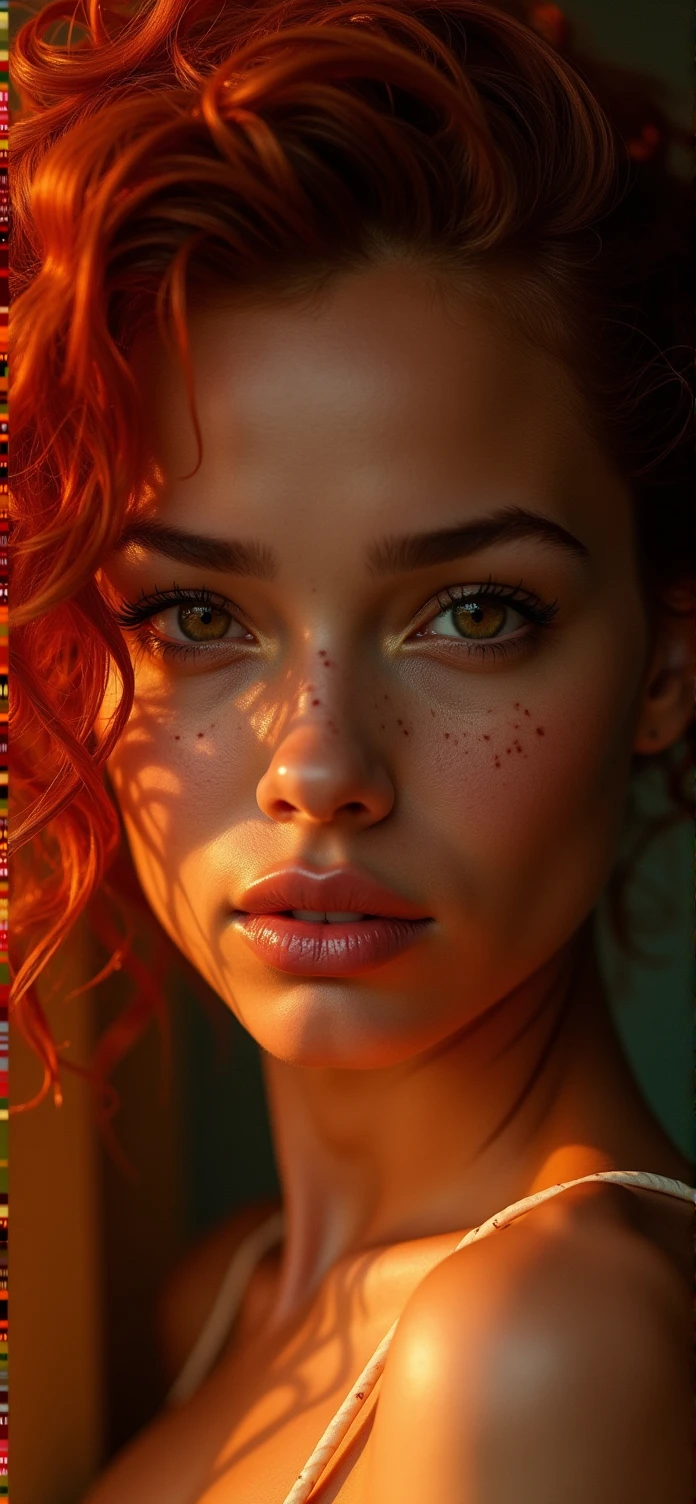a beautiful young Brazilian woman with vibrant red curly hair, big intense almond-shaped brown eyes, freckles, (best quality,4k,8k,highres,masterpiece:1.2),ultra-detailed,(realistic,photorealistic,photo-realistic:1.37),detailed portrait, beautiful detailed eyes, beautiful detailed lips, extremely detailed eyes and face, long eyelashes, intricate hairstyle, radiant skin, warm lighting, cinematic lighting, chiaroscuro lighting, rich colors, vibrant colors, saturated colors