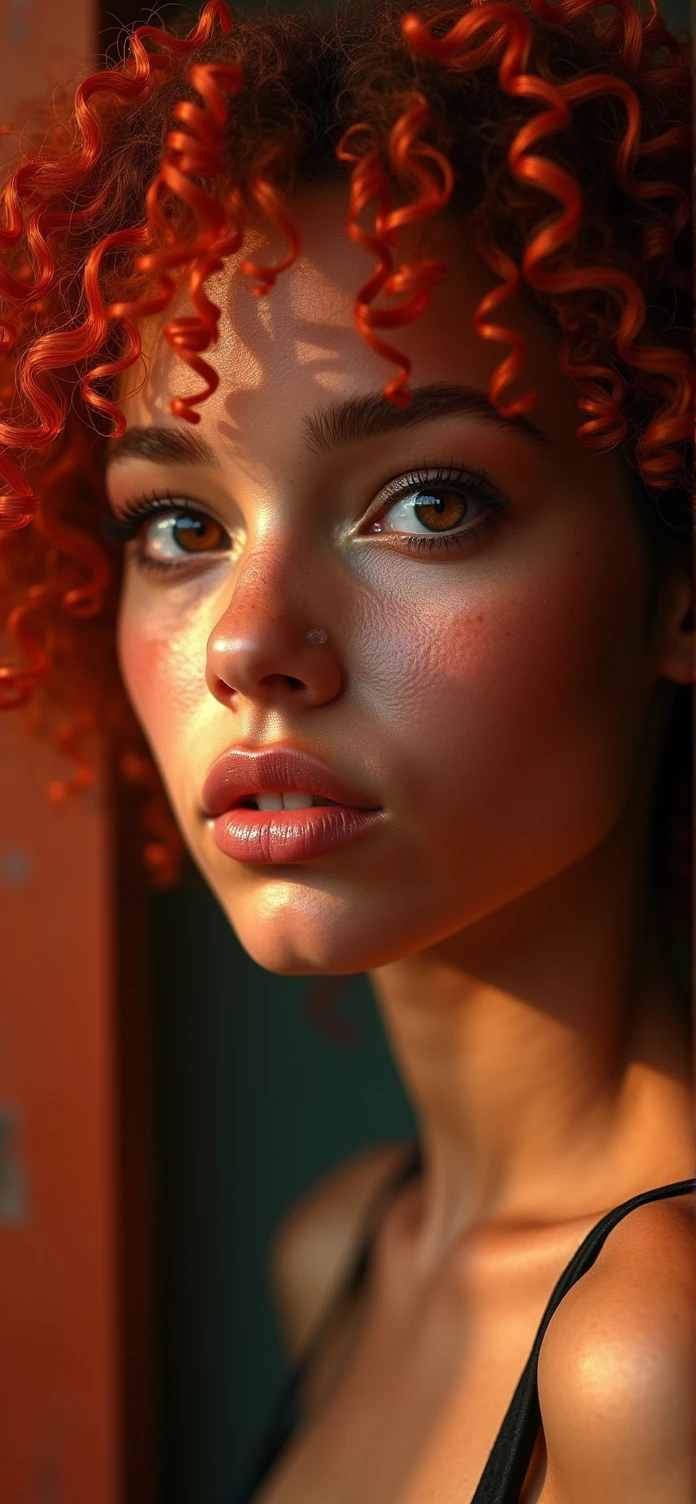 a beautiful young Brazilian woman with vibrant red curly hair, big intense almond-shaped brown eyes, freckles, (best quality,4k,8k,highres,masterpiece:1.2),ultra-detailed,(realistic,photorealistic,photo-realistic:1.37),detailed portrait, beautiful detailed eyes, beautiful detailed lips, extremely detailed eyes and face, long eyelashes, intricate hairstyle, radiant skin, warm lighting, cinematic lighting, chiaroscuro lighting, rich colors, vibrant colors, saturated colors