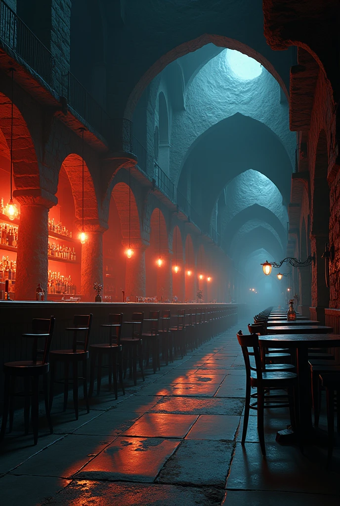 Infernal empty café interior, with chairs, tables and a bar coctel bar, animated 2D in hell