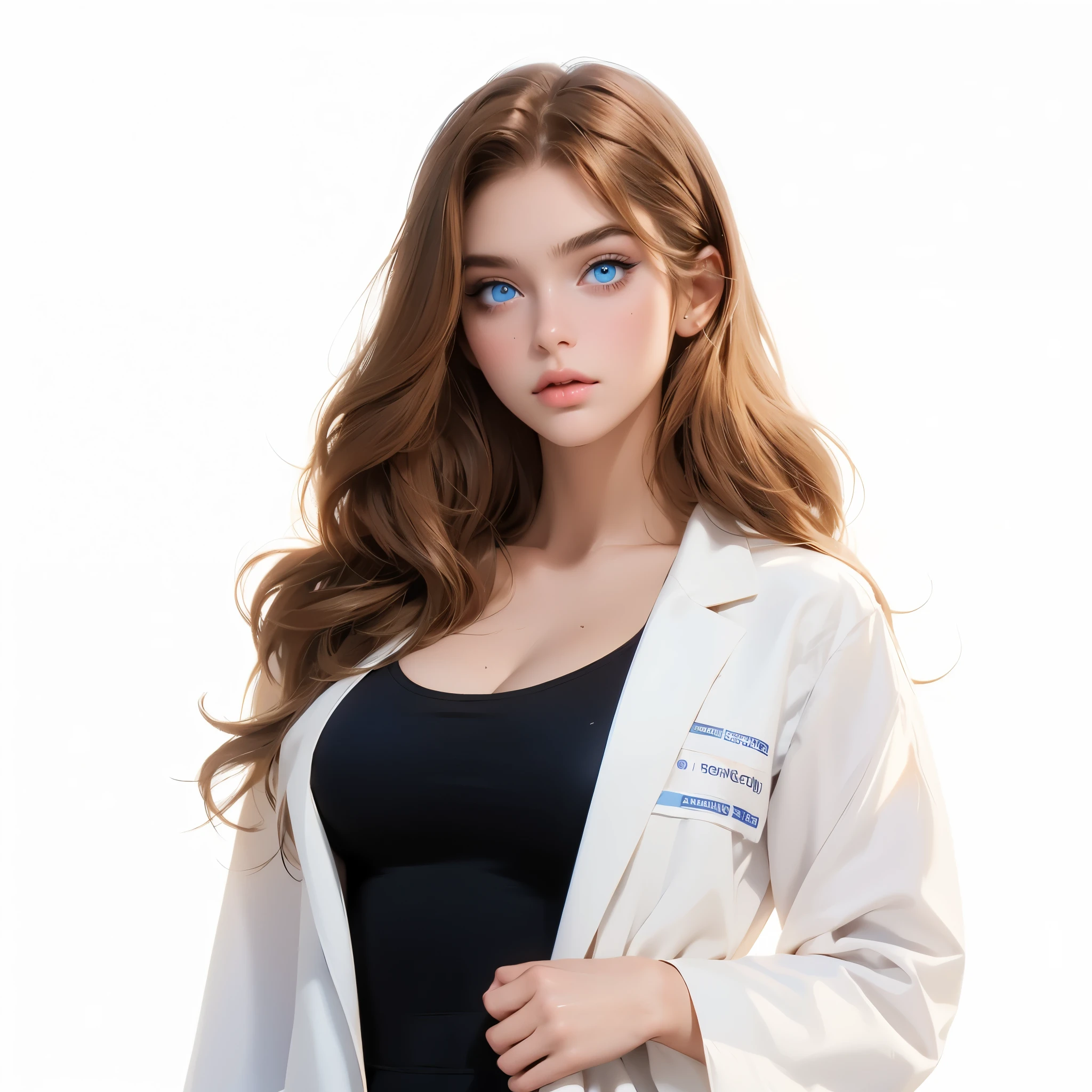 A 20-year-old European and American girl，Brown long hair , blue eyes, woman, Simple background, High Detail，pretty，make up，