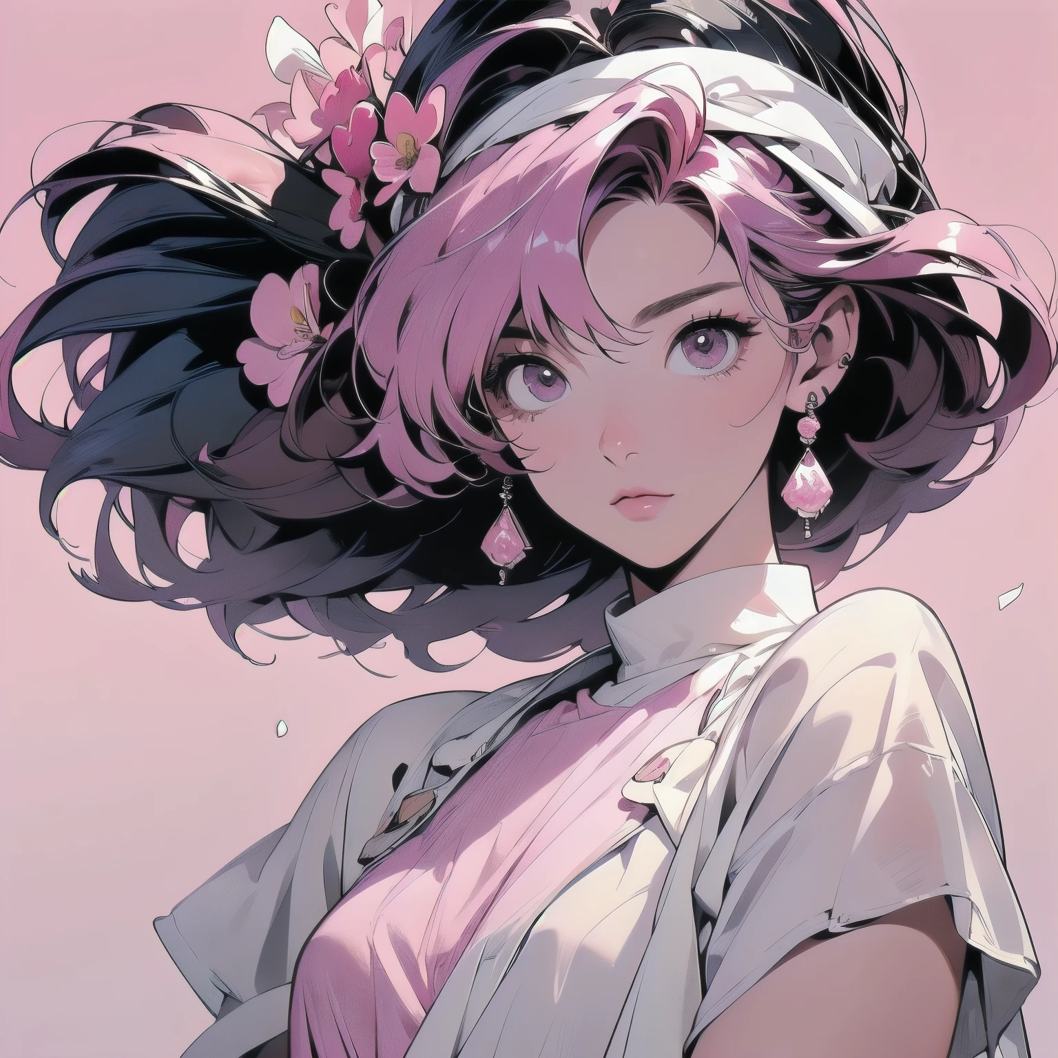 (((trigun)))、Persona、Beautiful woman, Upper Body、Model Pose、mysterious、Small breasts、Black Hair、Short sleeve、(((pink hair))),Lots of flowers、Angel、(((Wear a white cloth on your head)))、ultra detailed hair