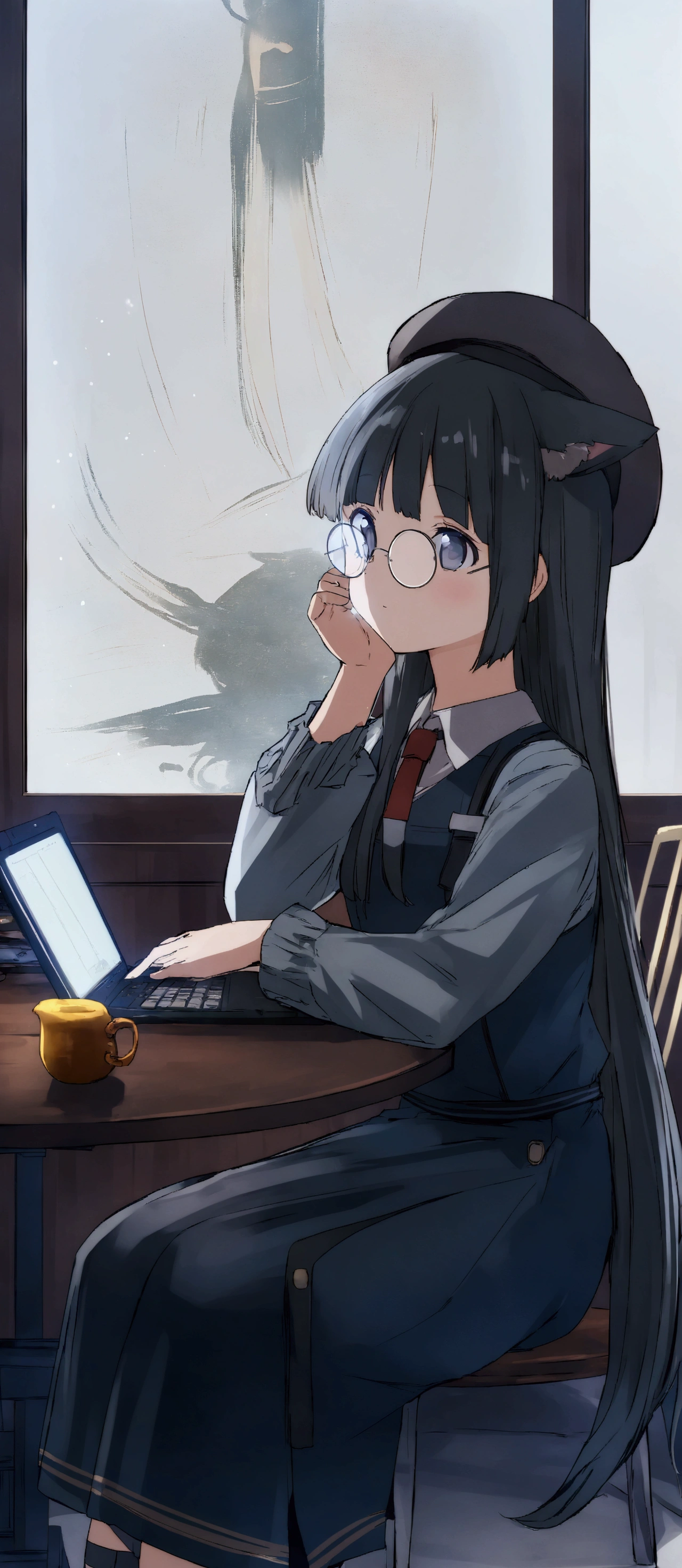 from girls frontline, fine details. girls frontline universe, girls frontline style, girls frontline cg, yayoi kasuma, kantai collection style, by Akihiko Yoshida, yayoi kasuma, female protagonist 👀 :8, (anime girl with black hair and round circle glasses:1.2), with a pencil and a berret hat on her head, (holding a drawing tablet:1.1), anime girl sitting at a table with a tablet computer in her hand, mysterious coffee shop girl, digital anime illustration, anime moe artstyle, in an anime style, anime visual of a cute girl, artwork in the style of guweiz, anime girl with cat ears, in anime style, soft anime illustration, ; visual novel, girls frontline style