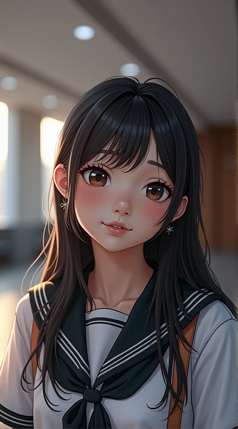 Focus on the face of a cute high school girl