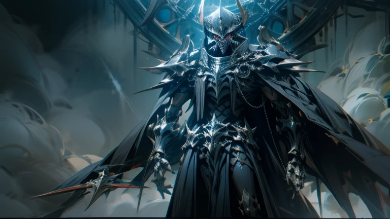 Dark Lord Peer. full body shot, full body shot, full body photo, High level image quality、8k、real live action、Original photo best quality、masterpiece, high resolution, He is made of skeletons and wears black skeleton armor., He holds a giant claymore sword, the Greatsword of Doom, which is taller than he is.. There is a blue light shining on his face., As expected of the Dark Lord, an aura appears, There are skeletons around him.. Overwhelming scale