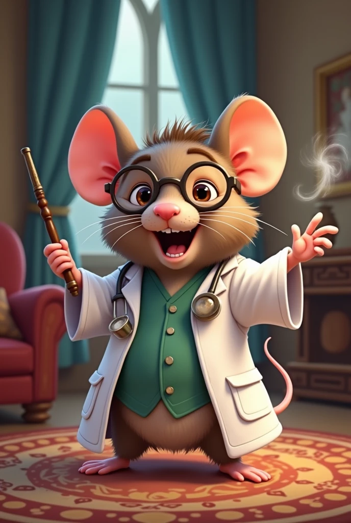 A cartoonish chubby, cute rat with round reading glasses that looks like Harry Potter holding a magic wand and throwing a spell, but is wearing doctor’s white coat. Make the background the common living rooms inside Hogwarts Castle.