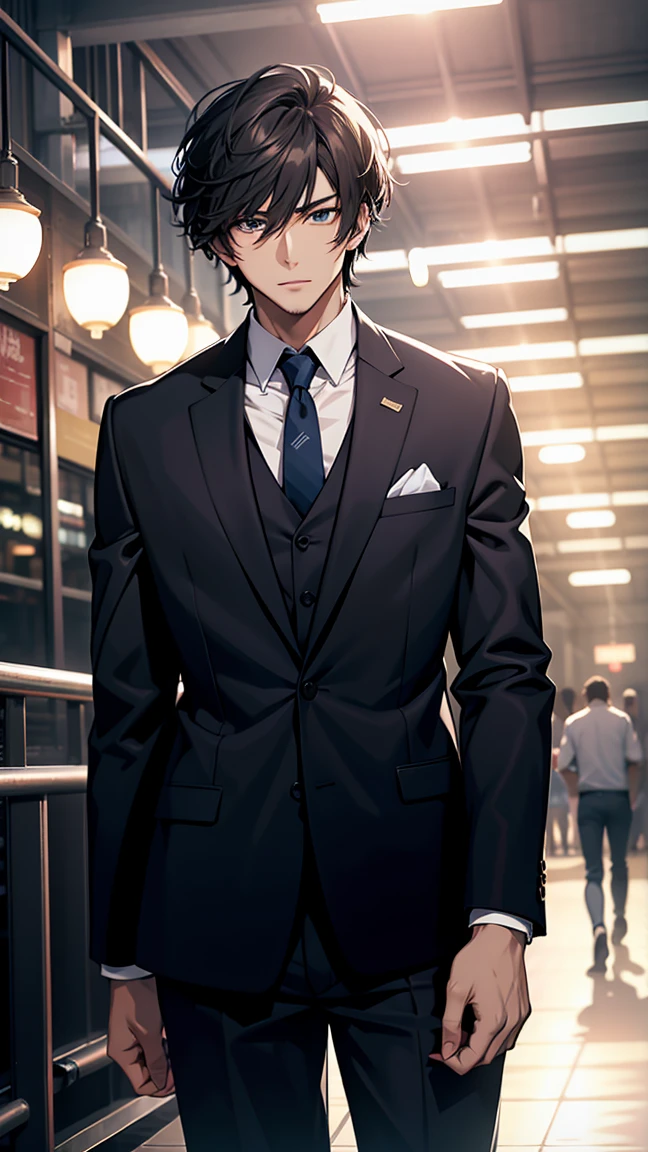 host, He's nearby, Anime handsome guy, Looking at the audience, High resolution, Ultra Sharp, 8k, masterpiece、Men and women hugging each other、A woman holds a smartphone、