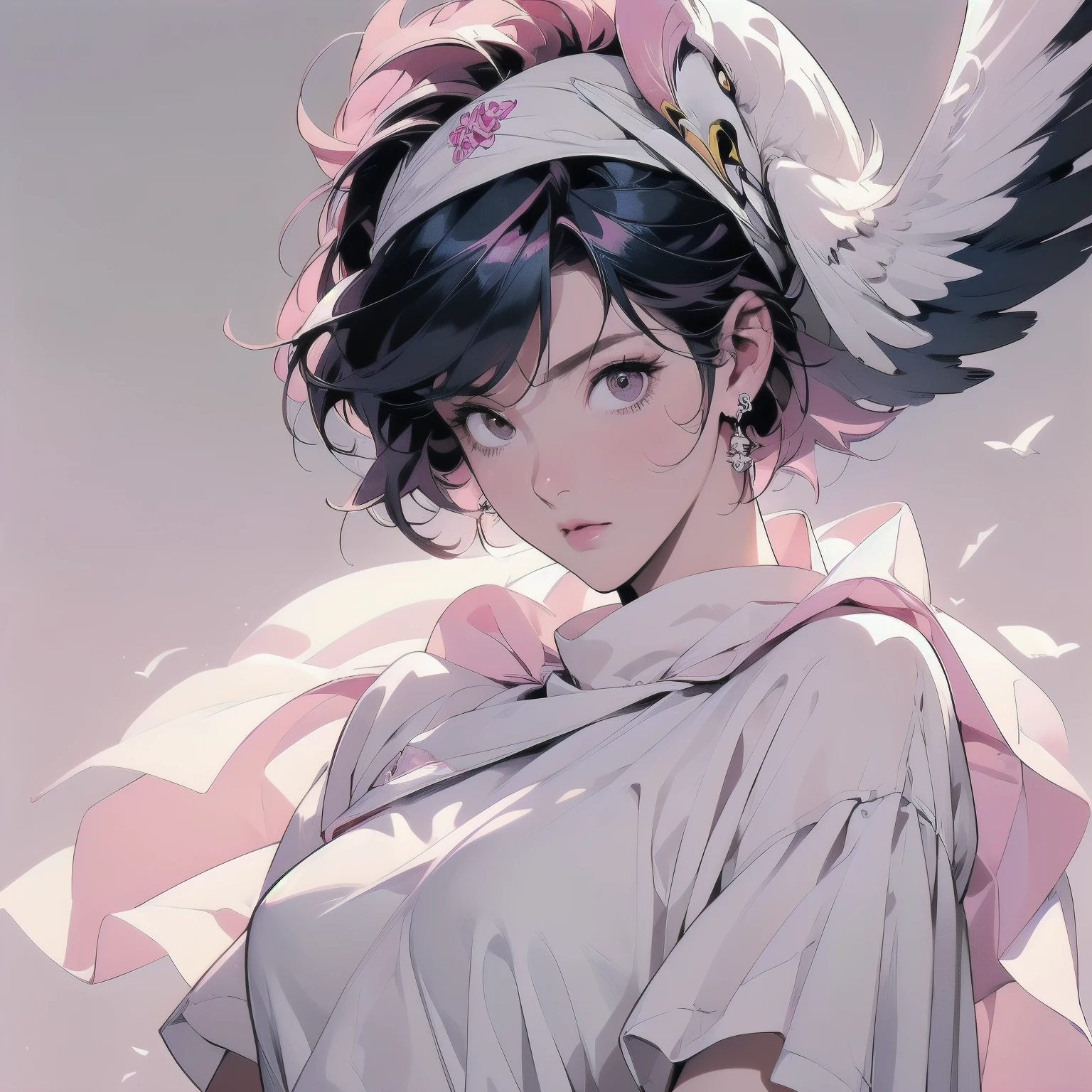 (((trigun)))、Persona、Beautiful woman, Upper Body、Model Pose、mysterious、Small breasts、Black Hair、Short sleeve、(((pink hair))),Lots of flowers、Angel、(((Wear a white cloth on your head)))、ultra detailed hair, (((White crow)))