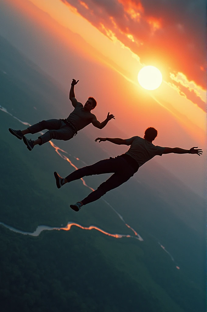 Pointbreak (1991) movie skydiving scene, Bodhi and Utah in the sky skydiving, beatiful landscape down below, large setting sun in the background, blue sky gradienting to black towards the upper part of the image, hyperrealistic, 8K resolution