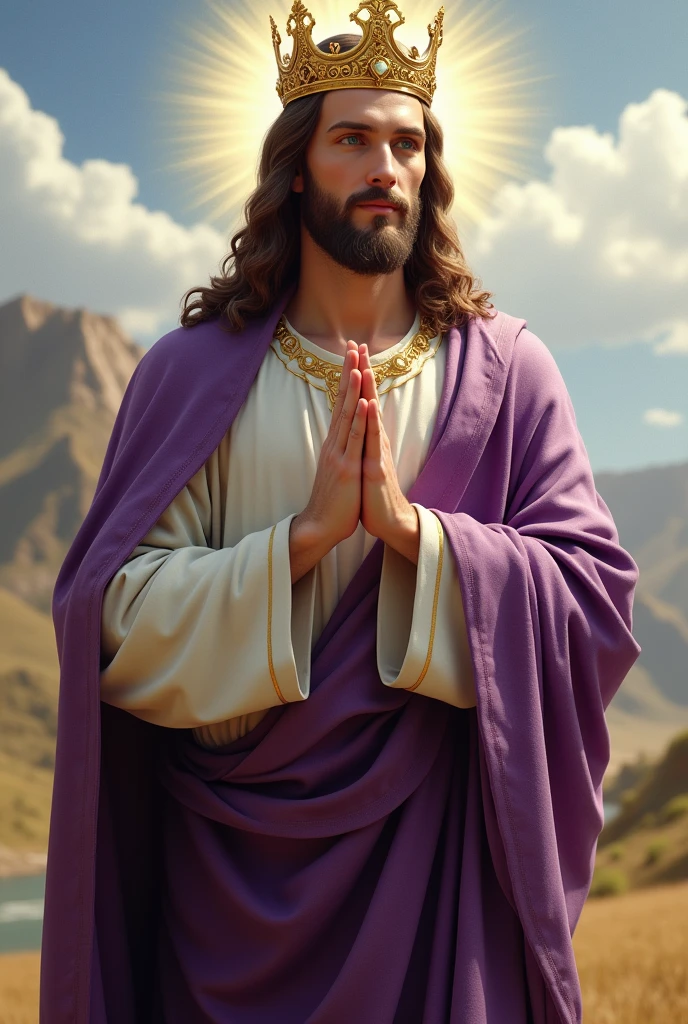 Perfect hand 5 finger, Portrait of a handsome Jesus Christ wearing violet clothes with crown of king in the heaven, Jesus Christ, real blue eyes, sunny day, intricate details.real Jesus Christ, straight head face, Straight body.Prayer Jesus Christ, perfect full body, perfect hands finger,Prayer Jesus Christ, praying Jesus Christ backgrounds natural photographic