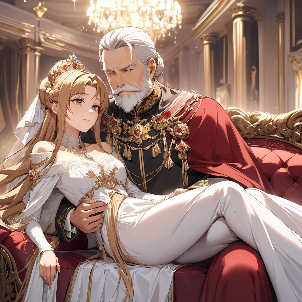 ((Highest quality)), ((masterpiece)), (detailed), （Perfect Face）、The woman is Yuuki Asuna, a Russian with light brown, medium-long hair, an elegant, graceful and beautiful Russian noblewoman, and the Empress of the Great Russian Empire.、The woman is beautifully dressed in the gorgeous and glittering gold-colored Russian court dress of an ancient Russian empress, with gorgeous accessories, and a beautiful and luxurious kokoshnik.、The woman is standing next to a great and imposing old Russian emperor with a beard.、The woman sits cozy with the great Russian emperor on a luxurious sofa in the palace.、A woman is hugging and kissing the great old Russian emperor on a luxurious sofa in the palace, sitting happily close to him. The loving elderly emperor and his young and beautiful empress couple