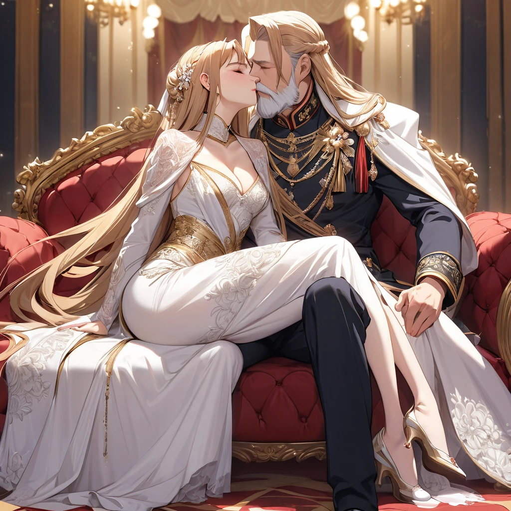 ((Highest quality)), ((masterpiece)), (detailed), （Perfect Face）、The woman is Yuuki Asuna, a Russian with light brown, medium-long hair, an elegant, graceful and beautiful Russian noblewoman, and the Empress of the Great Russian Empire.、The woman is beautifully dressed in the gorgeous and glittering gold-colored Russian court dress of an ancient Russian empress, with gorgeous accessories, and a beautiful and luxurious kokoshnik.、The woman is standing next to a great and imposing old Russian emperor with a beard.、The woman sits cozy with the great Russian emperor on a luxurious sofa in the palace.、A woman is hugging and kissing the great old Russian emperor on a luxurious sofa in the palace, sitting happily close to him. The loving elderly emperor and his young and beautiful empress couple