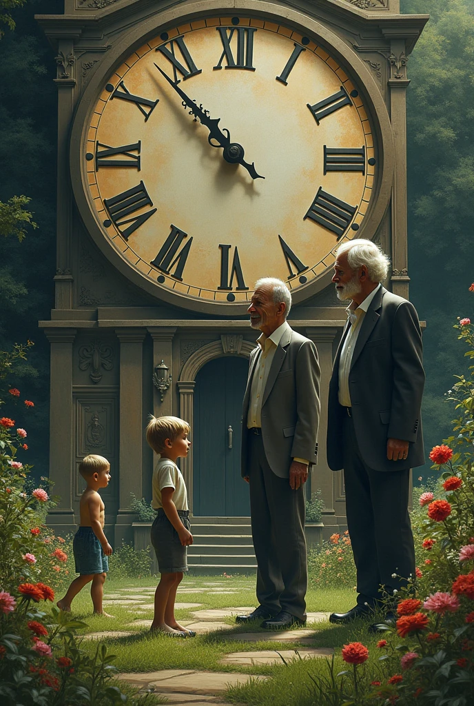It generates the image of the death of a man over time But in the way that the human being grows from a child playing in a garden to an old man and then a tombstone at the end and a large clock in the background