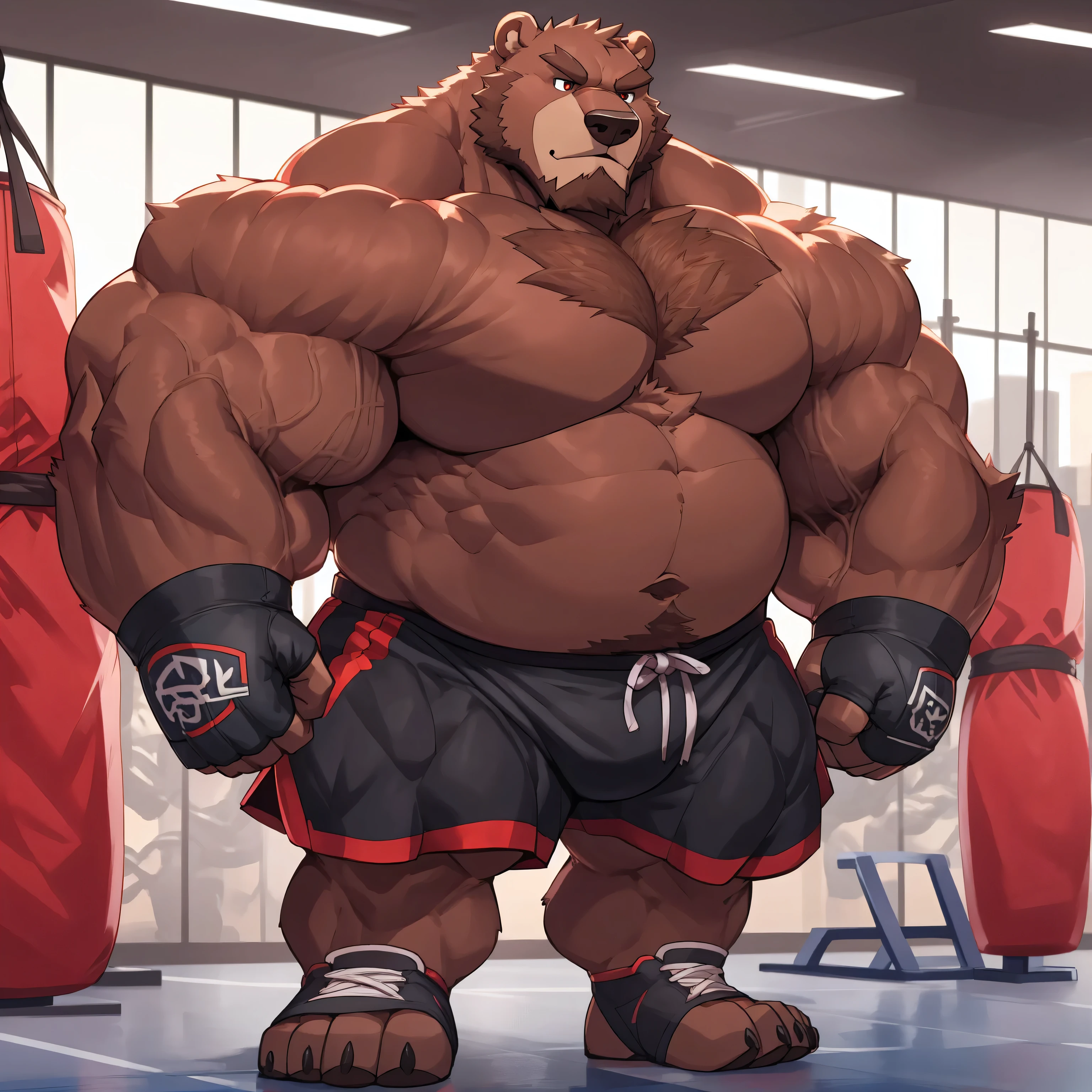 Solo, 1boy, huge muscular kodiak brown bear in big gym fitness center, big smirking, kodiak bear, huge brown fur, thick arms, huge arms, big fists, veins all over arms and chests, bald, big brown mustache and beard, (muscular, pectoral, wide pectoral, thick arms), HEIGHT: 220CM, WEIGHT: 370KG, gym sets, workout equipments, ring, punching bag, 8k, masterpiece, added cinnamon colored eyebrows, deatiled eyes with red pupils, (wearing black mixed martial arts shorts with red slits, black mixed martial art fingerless gloves with red pads, black toeless footwear tapes, shirtless and topless), punching and kicking techniques, bigger, harder, stronger.